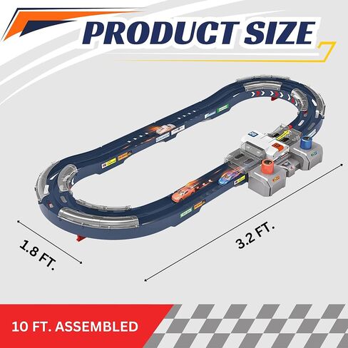 PlenPLAY 2-Player Racing Track Set - 10-Ft Button-Powered Track with Speed Control, Corner Barriers & Two Die-Cast 1/64 Scale Cars - Ultimate Fun for Kids 3+ in Kuwait
