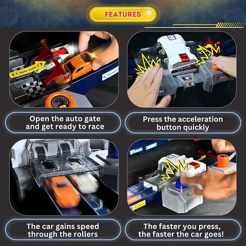 PlenPLAY 2-Player Racing Track Set - 10-Ft Button-Powered Track with Speed Control, Corner Barriers & Two Die-Cast 1/64 Scale Cars - Ultimate Fun for Kids 3+ in Kuwait