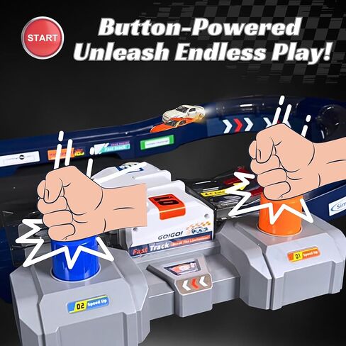 PlenPLAY 2-Player Racing Track Set - 10-Ft Button-Powered Track with Speed Control, Corner Barriers & Two Die-Cast 1/64 Scale Cars - Ultimate Fun for Kids 3+ in Kuwait