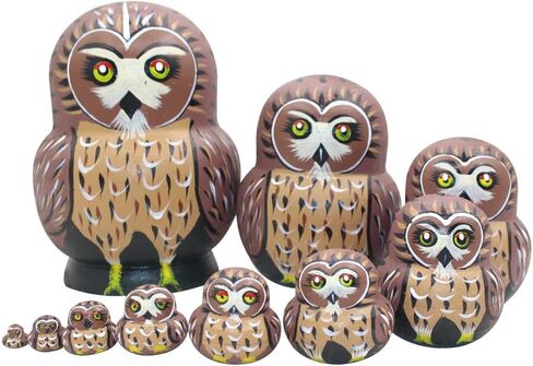 دودة الشتاء لطيف حية شكل بطن كبير أحمر عيون مستديرة البني البومة اليدوية خشبية التعشيش الدمى الروسية ماتريوشكا الدمى مجموعة 10 قطع للأطفال لعبة عيد ميلاد ديكور المنزل in Kuwait