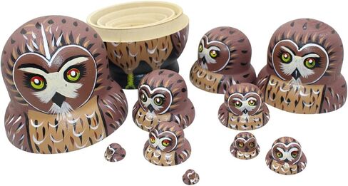 دودة الشتاء لطيف حية شكل بطن كبير أحمر عيون مستديرة البني البومة اليدوية خشبية التعشيش الدمى الروسية ماتريوشكا الدمى مجموعة 10 قطع للأطفال لعبة عيد ميلاد ديكور المنزل in Kuwait