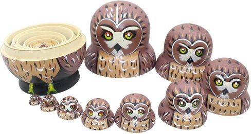 دودة الشتاء لطيف حية شكل بطن كبير أحمر عيون مستديرة البني البومة اليدوية خشبية التعشيش الدمى الروسية ماتريوشكا الدمى مجموعة 10 قطع للأطفال لعبة عيد ميلاد ديكور المنزل in Kuwait