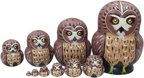 دودة الشتاء لطيف حية شكل بطن كبير أحمر عيون مستديرة البني البومة اليدوية خشبية التعشيش الدمى الروسية ماتريوشكا الدمى مجموعة 10 قطع للأطفال لعبة عيد ميلاد ديكور المنزل in Kuwait