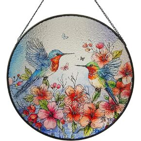 9.8'' Hummingbird Stained Glass Window Hangings, Hand-Painted Hummingbird Flowers Suncatcher Stained Panel Wall Decor with Chain, Birds Sun Catcher for Women (Green)