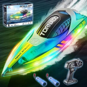 RC Boat with LED Light for Kids, 15KM/H, 2.4G Remote Control Boat with LED Lights, RC Electric Boats for Pools and Lakes, with Rechargable Batteries, Toy for Adults and Kids