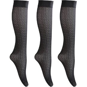 3 Packs Trouser Socks Knee Highs for women Jacquard Patterned 30D Ultra Stretchable Semi Sheer Opaque Knee Socks