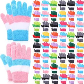 Crowye 50 Pairs Kid Gloves Bulk Winter Full Fingers Gloves Knitted Fleece Warm Gloves Colorful Fluffy Stripe Stretchy Gloves