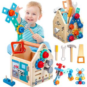 Toddler Tool Set - 33 PCS Wooden Kids Tools with Box / Bench / Tool House, Montessori Educational Pretend Play Preschool Toys Gifts for 2 3 4 5 Year Old Boy Girl Kids, STEM Fine Motor Skills Tool Set
