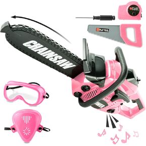 Toy Choi's Chainsaw Toy for Kids - Pretend Play Pink Chainsaw Tool Set for Outdoor Gardening Play - Gift for Boys & Girls Age 3-5+