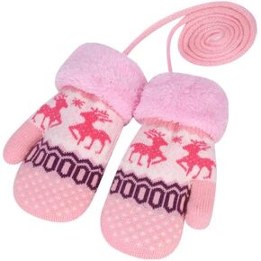 Kids Mittens Winter Warm Knitted Gloves Ski Gloves Mittens Multipack Elk Gloves On String with Fleece Xmas for Girl Boy 3-8