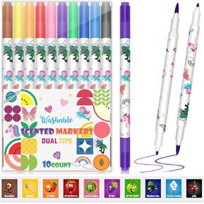 Scented Markers for Kids - 10 Count Dual Tip Washable Markers, Kids Art Supplies for School Classroom, Drawing & Art Set, Gifts for Girls & Boys Ages 4-8-12, Smelly Markers, Soft and Hard Tip