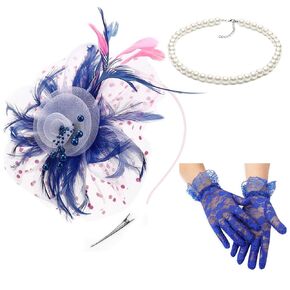 Fascinators for Women Tea Party Hat with Gloves, 3PCS Hair Clip Kentucky Derby hats Headband for Wedding Cocktail Church Costume Events, Blue Pink White