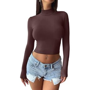 REORIA Women's Basic Mock Turtle Neck Long Sleeve Lightweight Double Lined Layering Slim Fitted Crop Top