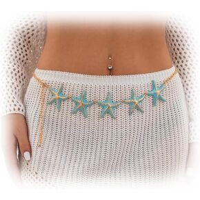 Gold Metal Star Waist Chain Belt,Bikini Starfish Waist Chains Jewelry,35inch Long Link Belly Belt,Dress Outfit Waist Belt,Summer Waist Belly Body Jewelry for Women