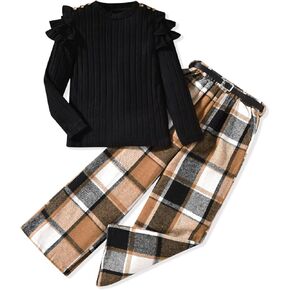 HIHA Girls Fall Winter Outfit Long Sleeve Solid Tops Plaid Wide Leg Pant Set with Belt Size 8-12
