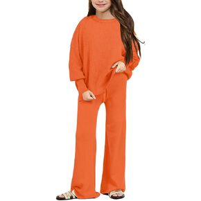Haloumoning Girls 2 Piece Outfits Kids Long Sleeve Crewneck Sweater Drawstring Wide Leg Long Pants Sweatsuits Sets 5-14T
