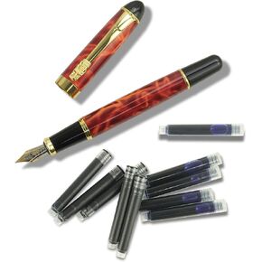 Marble Fountain Pen for Writing, Refillable Luxury Calligraphy Pens, Fancy Metal Ink Pen with 5 Black and 5 Blue Ink Refills, Gift Sets for Men and Women, Business Writing Pen with Dragon Pen Clip Red