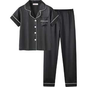 Cute Satin Pajamas for Big/Tween Girls Silk Button Down Short Sleeve & Pants PJS Clothes Nighty Size 8-16