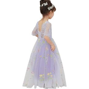 Flower Girl Lace Back V-Neck Dress Full-Length Floral Embroidered Toddler Tutu Tulle Dresses for Girls