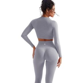 SUUKSESS Women 2 Piece Workout Sets Hidden Scrunch Butt Lifting Seamless Leggings Long Sleeve Yoga Crop Tops