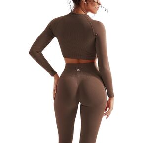 SUUKSESS Women 2 Piece Workout Sets Hidden Scrunch Butt Lifting Seamless Leggings Long Sleeve Yoga Crop Tops