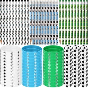 Gueevin 108 Pcs Soccer Party Favors Set 36 Soccer Pencils 36 Soccer Erasers 36 Silicone Bracelets Sport Pencil Wristbands Fun Erasers Bulk for Kids Student Teacher Office Birthday (Green, White, Blue)