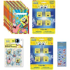 Unique SpongeBob SquarePants Birthday Party Favor Bundle for 8 Includes 8 Loot Bags, 8 Sticker Sheets, 8 PencilToppers, 1 Dinosaur Sticker Sheet