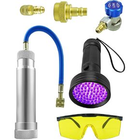 Oil Dye Injector Kit, Compressor Oil Dye Injector Tool with 1/4" SAE Female Compatible with R134A R22 R12 R1234YF with Low Side Adjustable Coupler Oil Checkers Light Protective Glasses