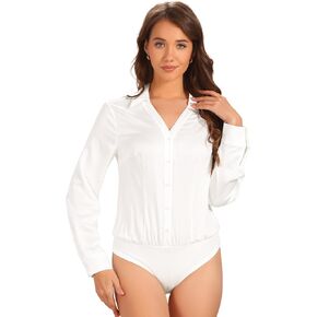 Allegra K Button Down Business Bodysuit for Women's One-piece Collared Long Sleeve Work Shirt Casual Tops