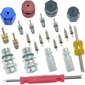 Air Conditioning Valve Core Kit, AC Service Valve Core Kit, Air Conditioning Schrader Valve with Valve Core Removal Tool, Cap and Valve AC System Charging Port Seal Caps Kit (24PCS)