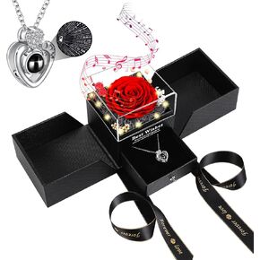 Preserved Real Rose Gift Box with Necklace, Eternal Flowers Rose Birthday Gifts Music Box for Her Mom Wife Grandma Girlfriend on Valentines Mothers Day Christmas Anniversary (Red)