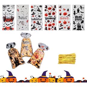 YNGRUE Halloween Cellphane Candy Bags, 100 Pcs Halloween Plastic Clear Treat Bags, Clear Plastic Trick or Treat Bags for Candy Cookie Goodies with Twist Ties for Halloween Party Supplies (7 colors)
