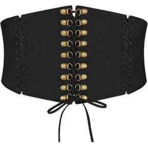 LEACOOLKEY Women’s Wide Corset Belt Vintage Elastic Waist Belt Lace-up Tied Waspie Belt for Dresses Halloween Costume