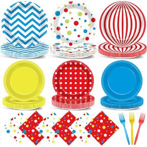96Pcs Carnival Party Supplies Circus Theme Plates Napkins Tableware Set Red Blue Carnival Party Decorations Dinnerware for Kids Birthday Baby Shower Circus Party Favors Serves 24 Guests