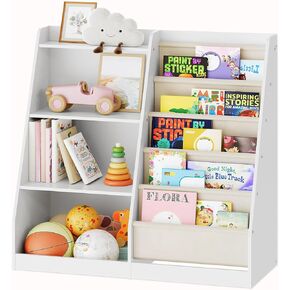 4-Tier Kids Bookshelf and Toy Storage, 6 Layer Fabric Toddler Bookshelf, Kids Toy Storage Organizer, Sling Kids Bookcase, for Playroom, Bedroom, Nursery, Classroom, White MCW05WT