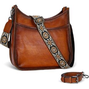 Iswee Crossbody Bags for Women Genuine Leather Purses Vintage Shoulder Handbags Travel Cross Body Bag with Boho Strap