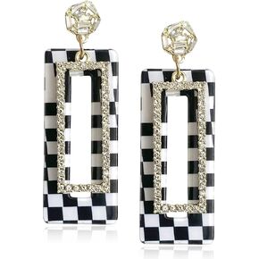 Elegant 60s 70s Vintage Black And White Acrylic Grid Dangle Drop Earrings Dainty Chic Sparkly Crystal Hollow Resin Rectangle Geometry Stud Earring for Women Statement Hollow Long Bar Jewelry Gifts
