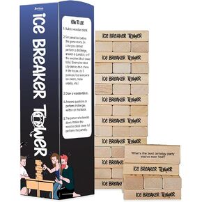 Ice Breaker Tower Stacking Wooden Block Game - Great For Family, Friends, Couples, Teens, & Adults - 54 Fun Team Building Conversation Starters - Exciting & Funny Game Night Party Tumbling Tower