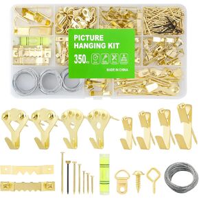 350PCS Picture Hanging Kit, Heavy Duty Photo Frame Hangers with Sawtooth Hardware, D Rings, Nails, Level, Screws, Steel Wire for Picture, Painting, Mirror, Wall Art Mounting
