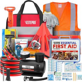 Car Emergency Kit with Tire Inflator, Roadside Emergency Car Kit for Vehicles, First Aid Kit for Car, Jumper Cable, Tow Strap, Safety Hammer, Flashlight Car Essentials Accessories for Women, Men, Teen