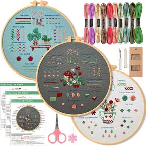 CDThinkingU Embroidery Kit for Beginners, 3 Sets Embroidery Starter Kits for Adults, Stitches Practice Sewing Embroidery Kit with Hoop, Stamped Pattern, Threads and Needles