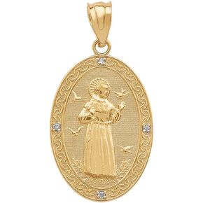 10k Gold Saint Francis Of Assisi Diamond Oval Medal Charm Pendant (Medium)
