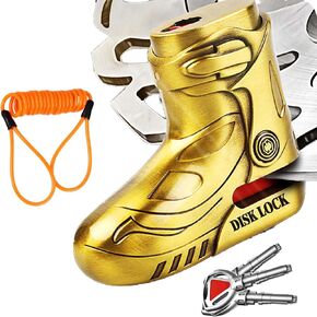 Motorcycle Disc Brake Lock, Motorcycle Locks Anti-Theft Security Wheel Disc Lock Waterproof with 5ft Reminder Cable Keys for Motorbike Bike Scooter (Gold)