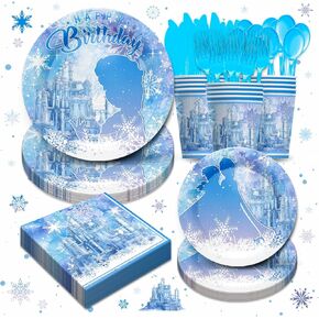 Frozen Birthday Party Supplies Tableware - Frozen Themed Party Decorations Include Dinner Plates, Cups, Napkins, Cutlery, Snow Frozen Baby Shower Birthday Party Decorations | 24 Guests