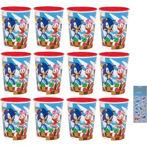 Unique Sonic the Hedgehog Birthday Party Supplies Bundle includes 12 Plastic Reusable Cups 16oz and 1 Dinosaur Sticker Sheet