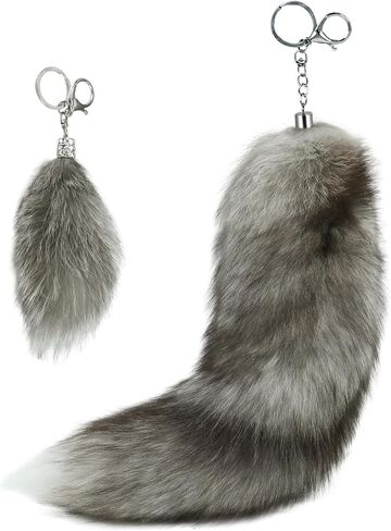 Beviliu Fox Tail Keychain, Real Fluffy Fur Therian Tail Key Ring for Bag, Wolf Fox Tail Halloween Cosplay Costume, Gift Handbag Accessory Hook Pendant, Silver in Saudi Arabia