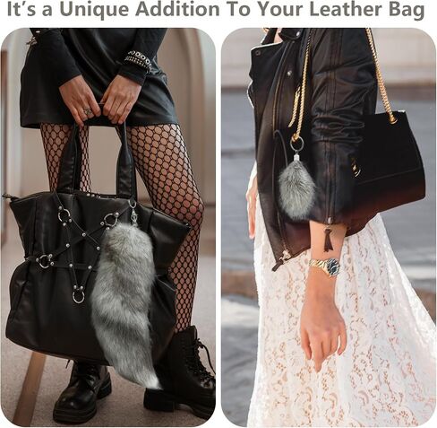 Beviliu Fox Tail Keychain, Real Fluffy Fur Therian Tail Key Ring for Bag, Wolf Fox Tail Halloween Cosplay Costume, Gift Handbag Accessory Hook Pendant, Silver in Saudi Arabia