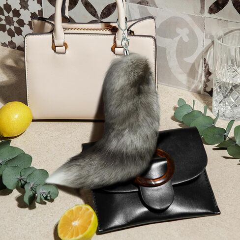 Beviliu Fox Tail Keychain, Real Fluffy Fur Therian Tail Key Ring for Bag, Wolf Fox Tail Halloween Cosplay Costume, Gift Handbag Accessory Hook Pendant, Silver in Saudi Arabia