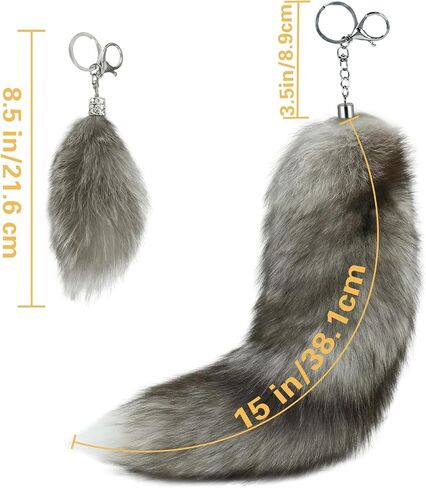 Beviliu Fox Tail Keychain, Real Fluffy Fur Therian Tail Key Ring for Bag, Wolf Fox Tail Halloween Cosplay Costume, Gift Handbag Accessory Hook Pendant, Silver in Saudi Arabia