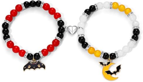 Halloween Bracelets Halloween Gifts for Women Halloween Themed 2 Pcs Beaded Matching Bracelets with Pumpkin Bat Ghost Grim Reaper Charm Accessories Halloween Party Decorations Jewelry in Saudi Arabia